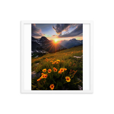 Gebirge, Sonnenblumen und Sonnenaufgang - Premium Poster mit Rahmen berge xxx 45.7 x 45.7 cm