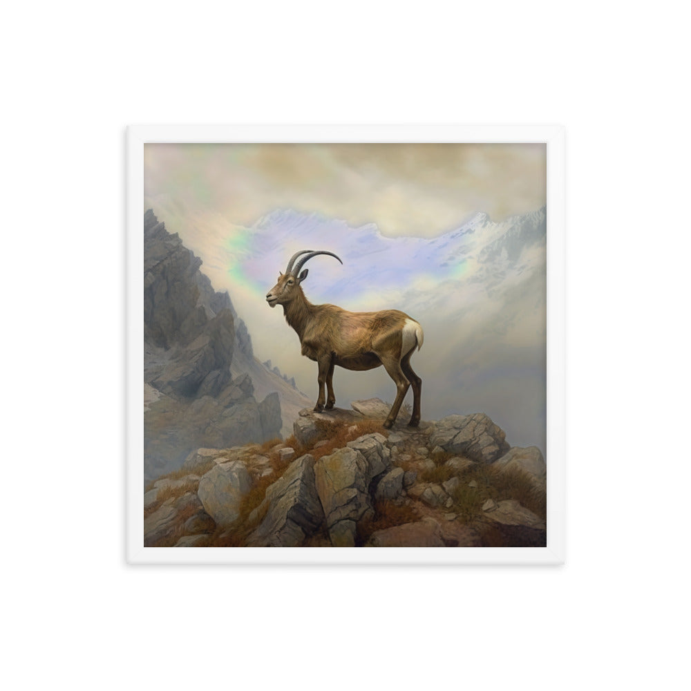 Steinbock am Berg - Wunderschöne Malerei - Premium Poster mit Rahmen berge xxx Weiß 45.7 x 45.7 cm
