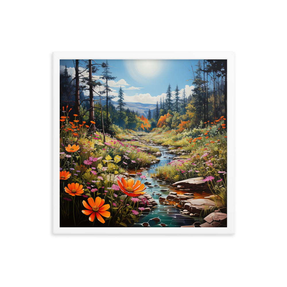 Berge, schöne Blumen und Bach im Wald - Premium Poster mit Rahmen berge xxx 45.7 x 45.7 cm
