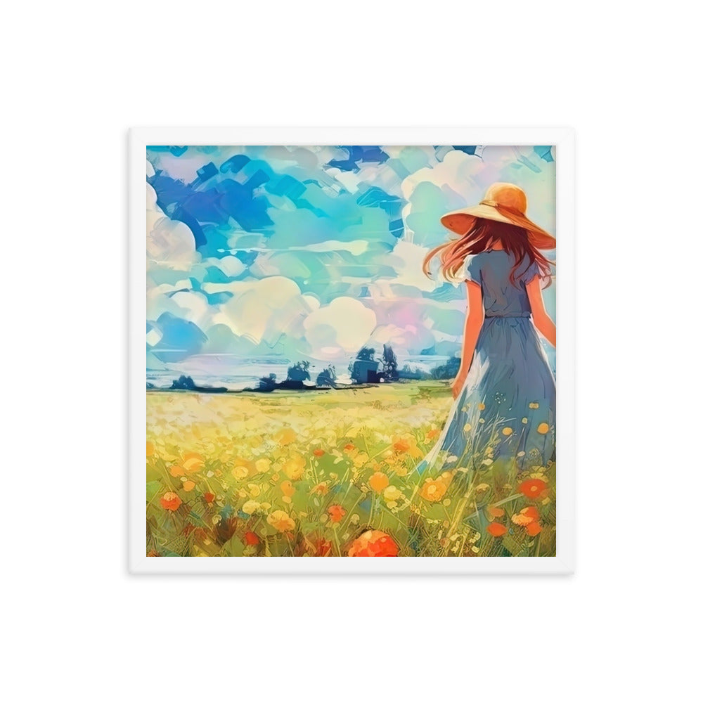 Dame mit Hut im Feld mit Blumen - Landschaftsmalerei - Premium Poster mit Rahmen camping xxx Weiß 45.7 x 45.7 cm