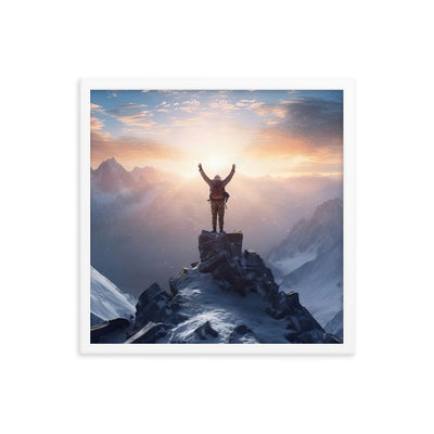 Mann auf der Spitze eines Berges - Landschaftsmalerei - Premium Poster mit Rahmen berge xxx Weiß 45.7 x 45.7 cm