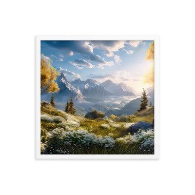 Berglandschaft mit Sonnenschein, Blumen und Bäumen - Malerei - Premium Poster mit Rahmen berge xxx 45.7 x 45.7 cm