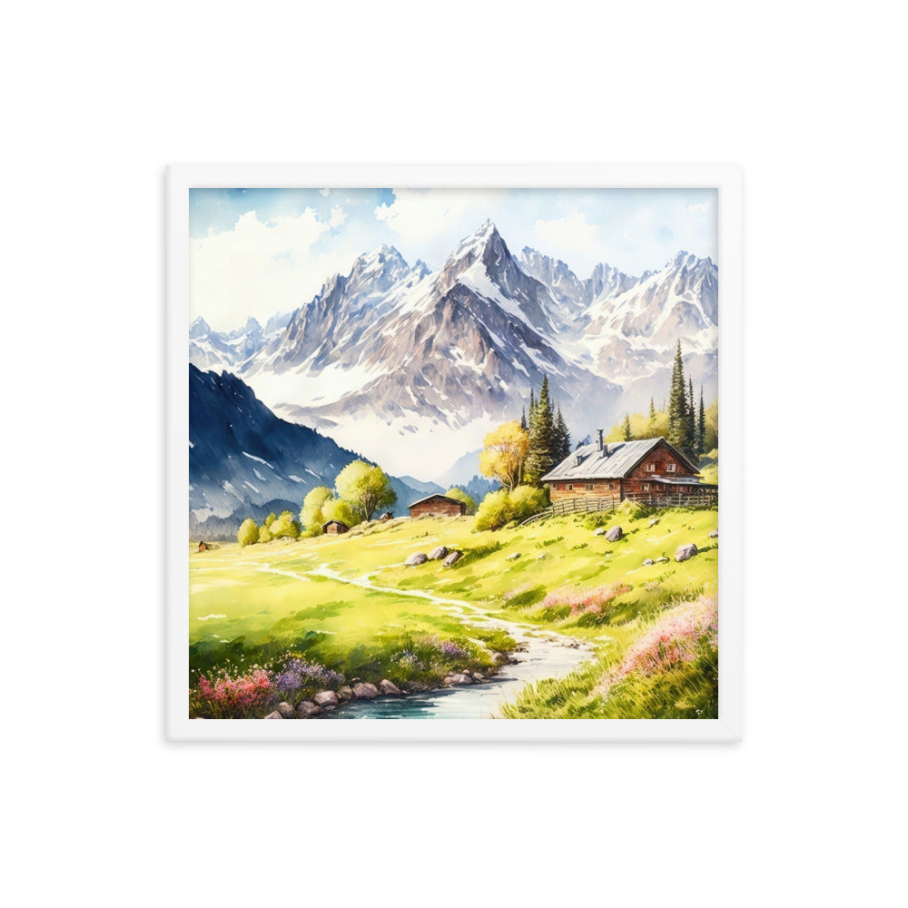Epische Berge und Berghütte - Landschaftsmalerei - Premium Poster mit Rahmen berge xxx 45.7 x 45.7 cm