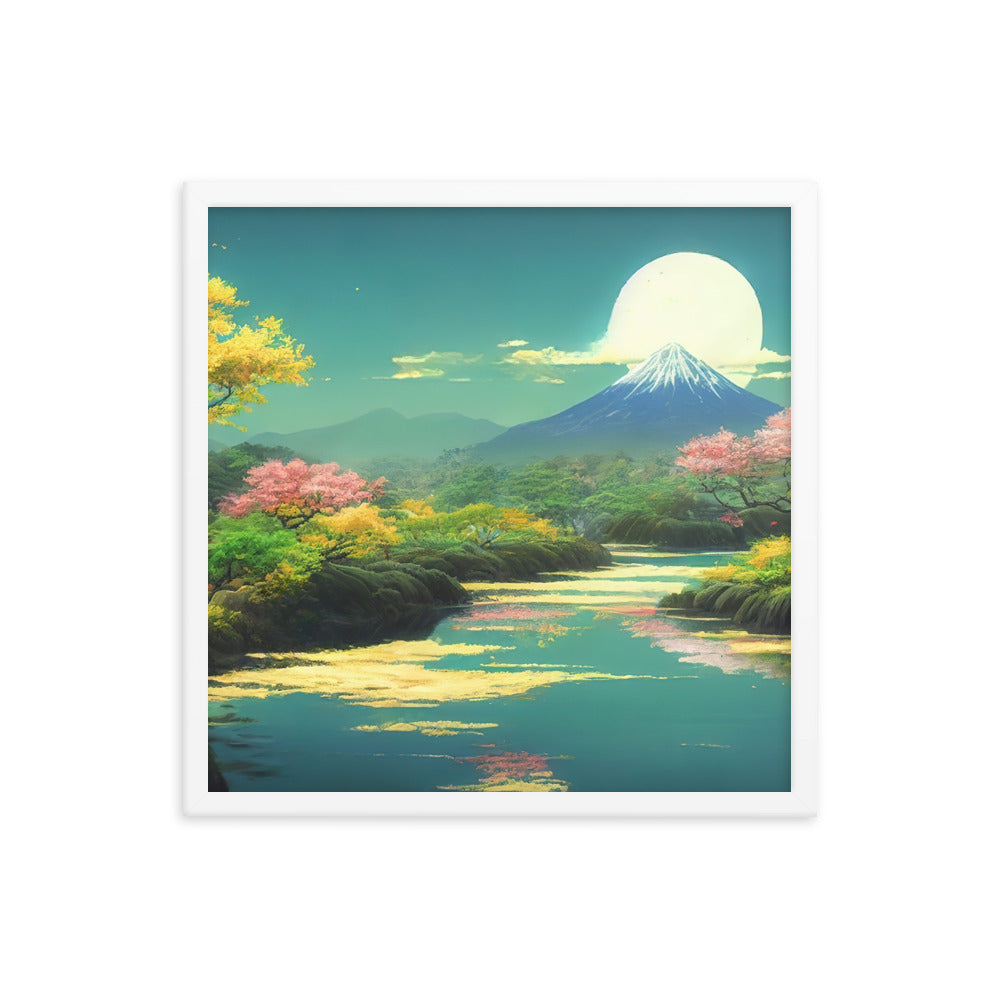 Berg, See und Wald mit pinken Bäumen - Landschaftsmalerei - Premium Poster mit Rahmen berge xxx 45.7 x 45.7 cm
