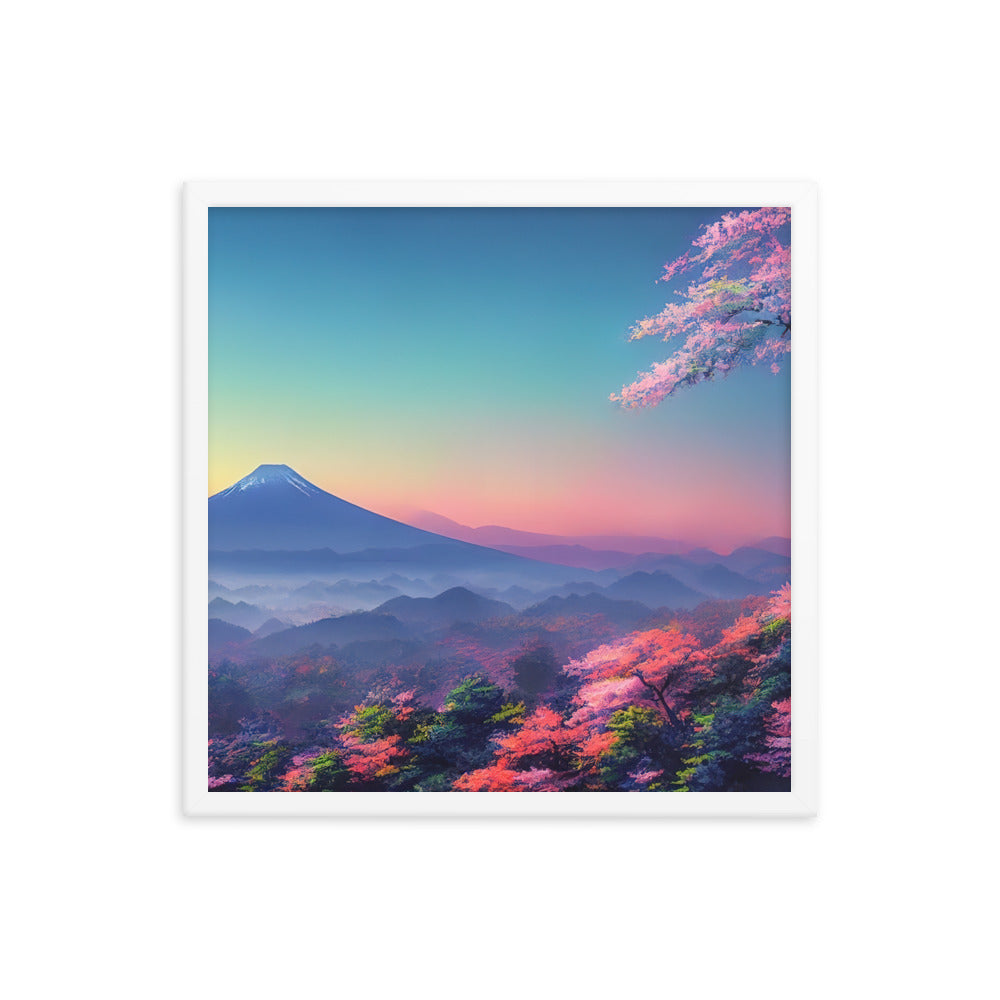 Berg und Wald mit pinken Bäumen - Landschaftsmalerei - Premium Poster mit Rahmen berge xxx 45.7 x 45.7 cm