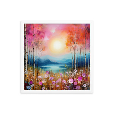 Berge, See, pinke Bäume und Blumen - Malerei - Premium Poster mit Rahmen berge xxx 45.7 x 45.7 cm