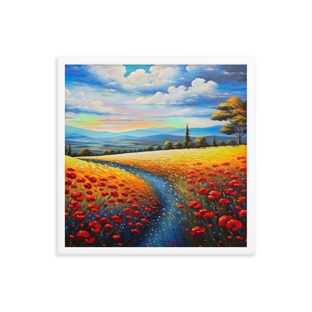 Feld mit roten Blumen und Berglandschaft - Landschaftsmalerei - Premium Poster mit Rahmen berge xxx 45.7 x 45.7 cm