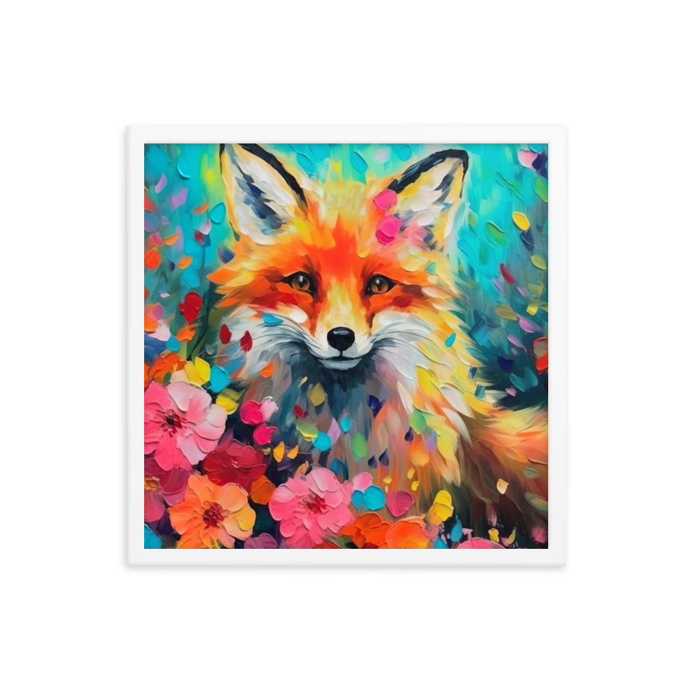 Schöner Fuchs im Blumenfeld - Farbige Malerei - Premium Poster mit Rahmen camping xxx 45.7 x 45.7 cm