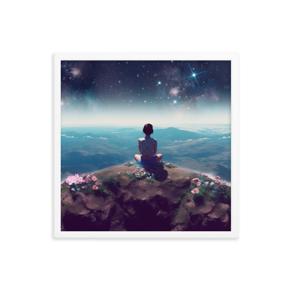 Frau sitzt auf Berg – Cosmos und Sterne im Hintergrund - Landschaftsmalerei - Premium Poster mit Rahmen berge xxx 45.7 x 45.7 cm