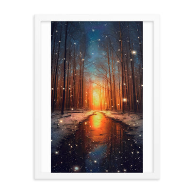 Bäume im Winter, Schnee, Sonnenaufgang und Fluss - Premium Poster mit Rahmen camping xxx Weiß 45.7 x 61 cm