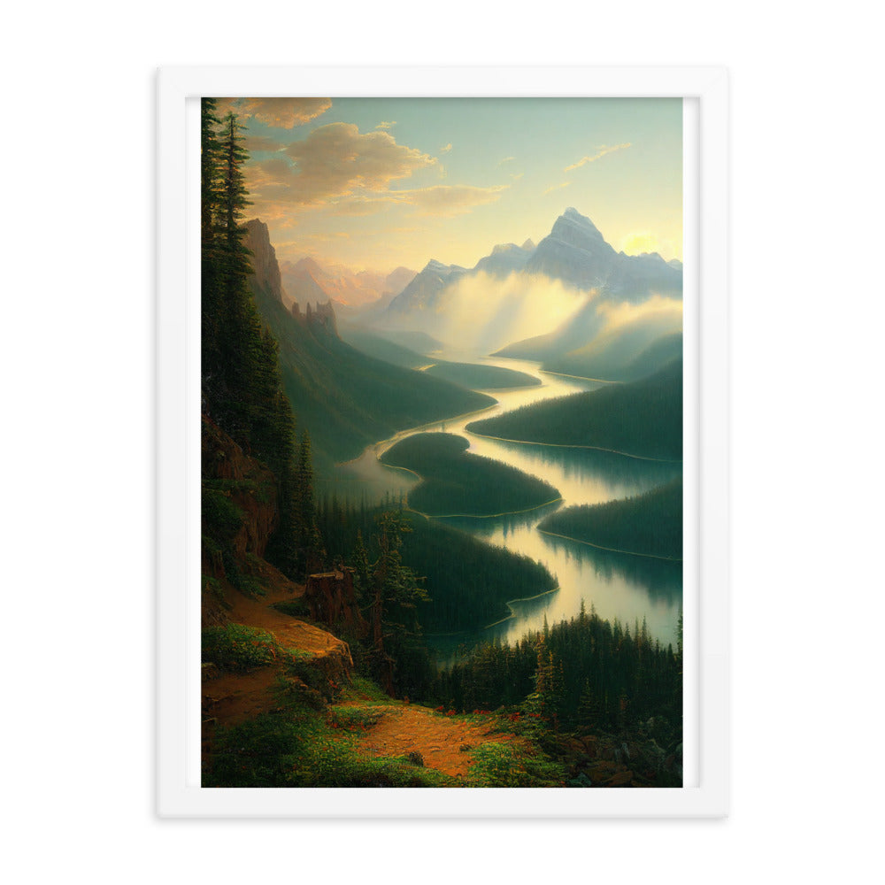 Landschaft mit Bergen, See und viel grüne Natur - Malerei - Premium Poster mit Rahmen berge xxx 45.7 x 61 cm