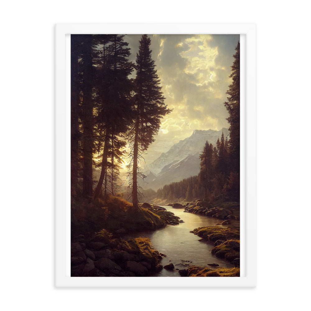 Landschaft mit Bergen, Fluss und Bäumen - Malerei - Premium Poster mit Rahmen berge xxx 45.7 x 61 cm