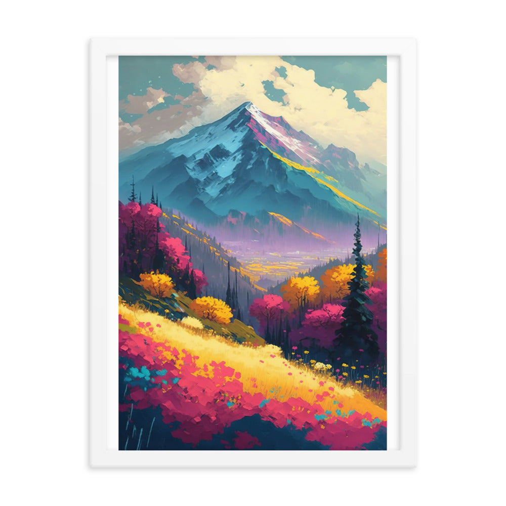 Berge, pinke und gelbe Bäume, sowie Blumen - Farbige Malerei - Premium Poster mit Rahmen berge xxx 45.7 x 61 cm