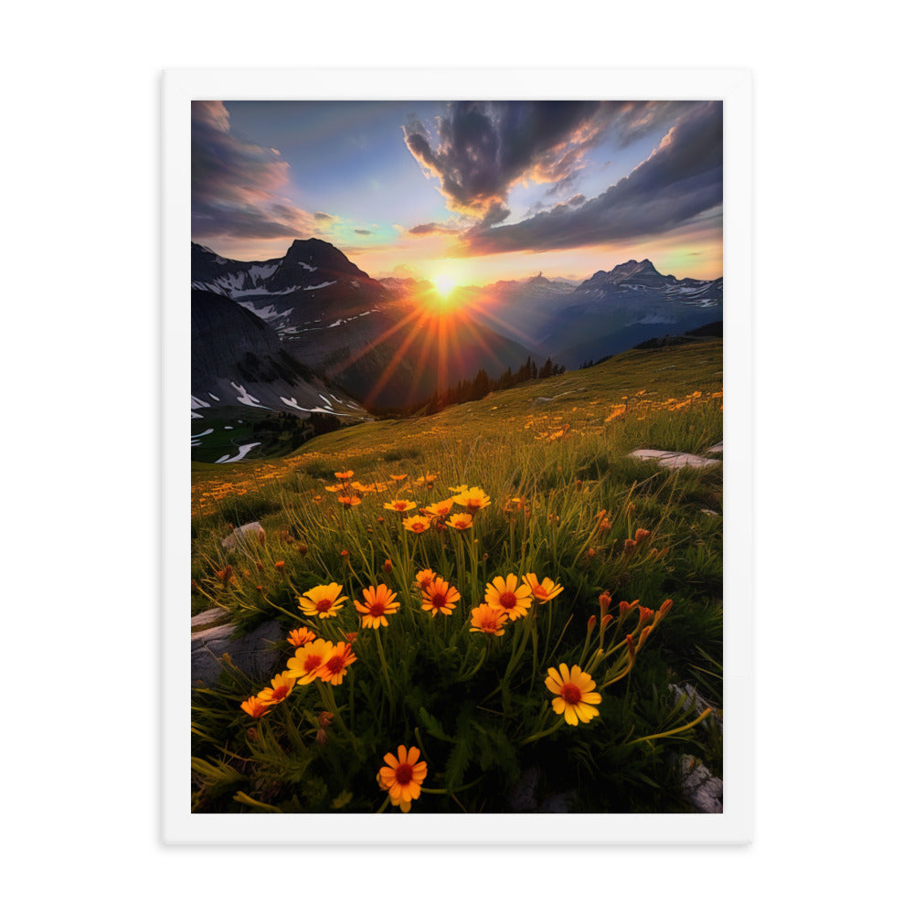 Gebirge, Sonnenblumen und Sonnenaufgang - Premium Poster mit Rahmen berge xxx 45.7 x 61 cm