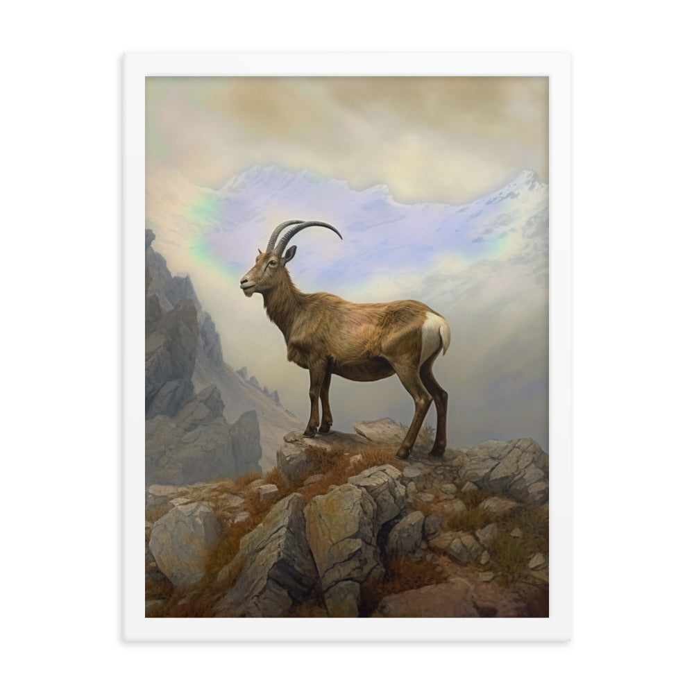 Steinbock am Berg - Wunderschöne Malerei - Premium Poster mit Rahmen berge xxx Weiß 45.7 x 61 cm