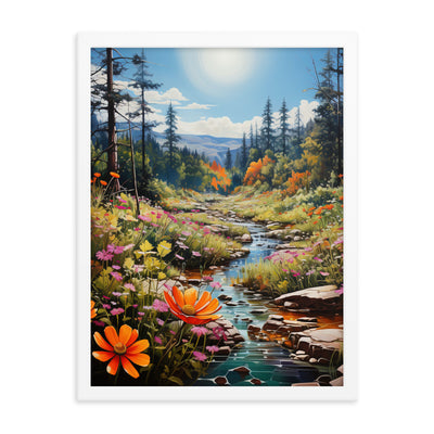 Berge, schöne Blumen und Bach im Wald - Premium Poster mit Rahmen berge xxx 45.7 x 61 cm
