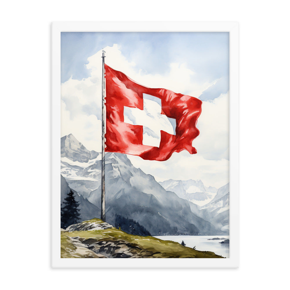 Schweizer Flagge und Berge im Hintergrund - Epische Stimmung - Malerei - Premium Poster mit Rahmen berge xxx 45.7 x 61 cm