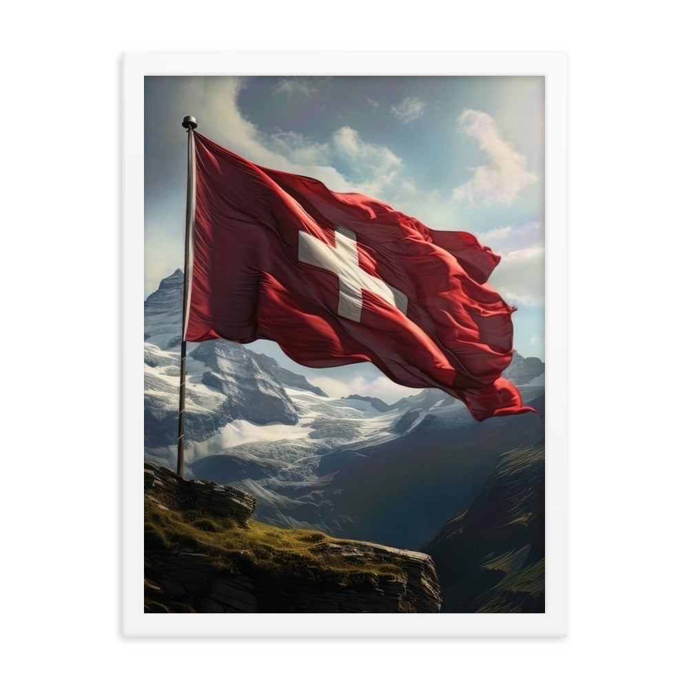 Schweizer Flagge und Berge im Hintergrund - Fotorealistische Malerei - Premium Poster mit Rahmen berge xxx 45.7 x 61 cm