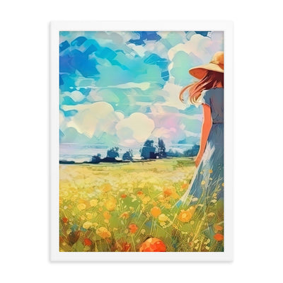 Dame mit Hut im Feld mit Blumen - Landschaftsmalerei - Premium Poster mit Rahmen camping xxx Weiß 45.7 x 61 cm