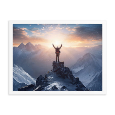 Mann auf der Spitze eines Berges - Landschaftsmalerei - Premium Poster mit Rahmen berge xxx Weiß 45.7 x 61 cm