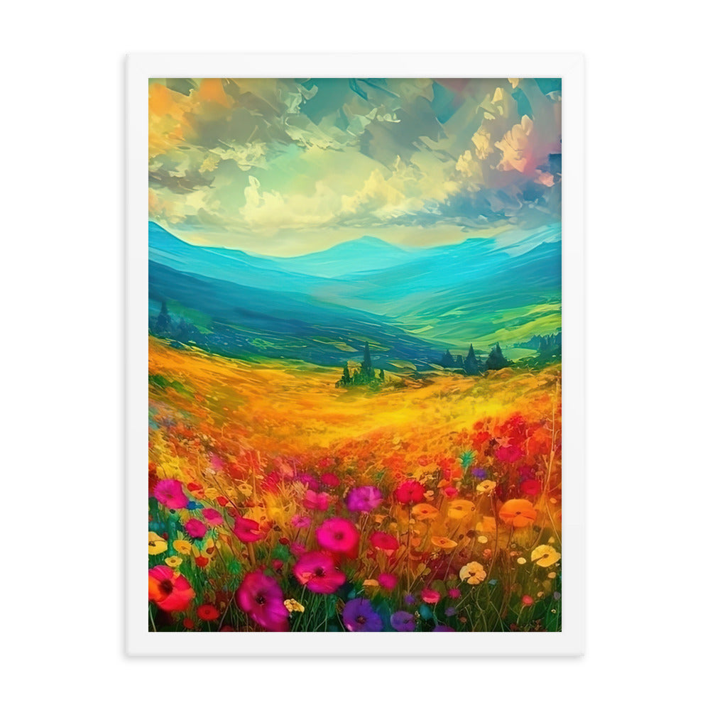 Berglandschaft und schöne farbige Blumen - Malerei - Premium Poster mit Rahmen berge xxx 45.7 x 61 cm
