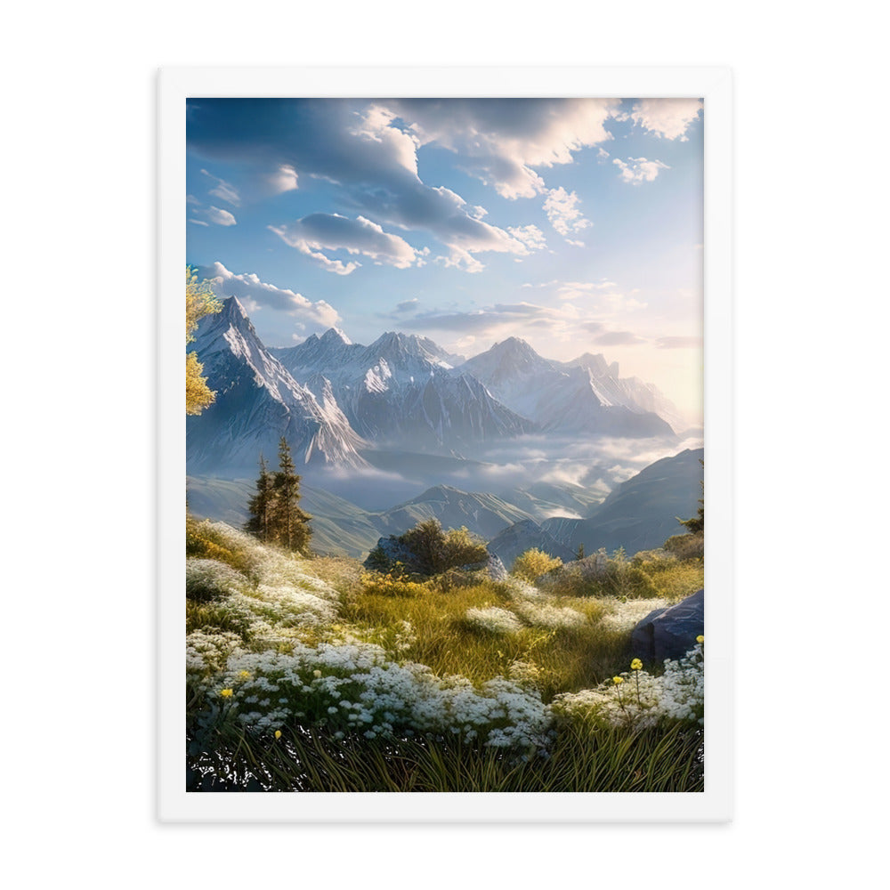 Berglandschaft mit Sonnenschein, Blumen und Bäumen - Malerei - Premium Poster mit Rahmen berge xxx 45.7 x 61 cm