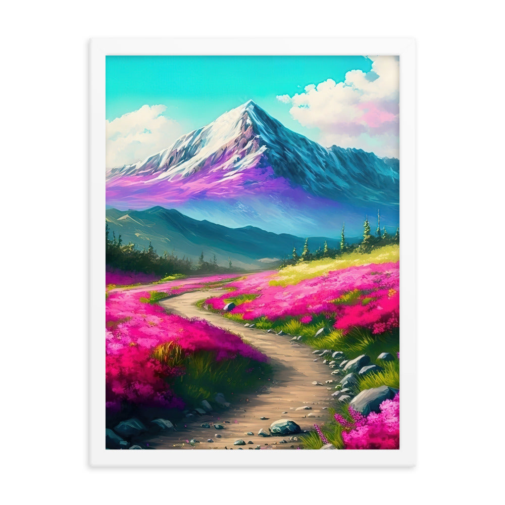 Berg, pinke Blumen und Wanderweg - Landschaftsmalerei - Premium Poster mit Rahmen berge xxx Weiß 45.7 x 61 cm