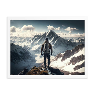 Wanderer auf Berg von hinten - Malerei - Premium Poster mit Rahmen berge xxx 45.7 x 61 cm