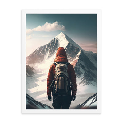 Wanderer von hinten vor einem Berg - Malerei - Premium Poster mit Rahmen berge xxx 45.7 x 61 cm