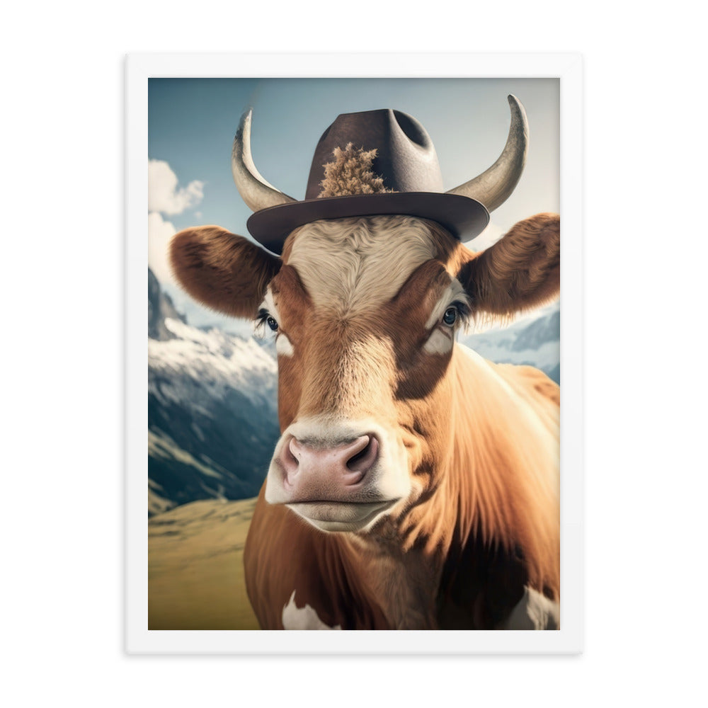 Kuh mit Hut in den Alpen - Berge im Hintergrund - Landschaftsmalerei - Premium Poster mit Rahmen berge xxx 45.7 x 61 cm