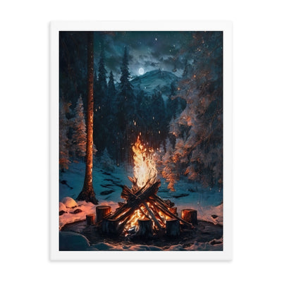 Lagerfeuer beim Camping - Wald mit Schneebedeckten Bäumen - Malerei - Premium Poster mit Rahmen camping xxx 45.7 x 61 cm