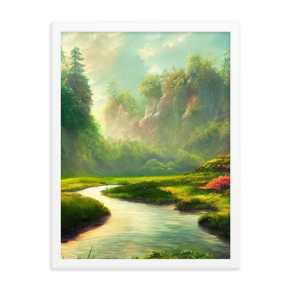Bach im tropischen Wald - Landschaftsmalerei - Premium Poster mit Rahmen camping xxx 45.7 x 61 cm
