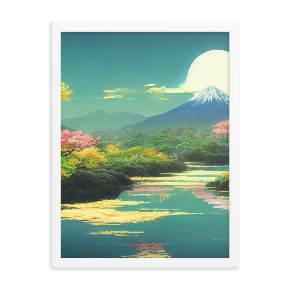 Berg, See und Wald mit pinken Bäumen - Landschaftsmalerei - Premium Poster mit Rahmen berge xxx 45.7 x 61 cm