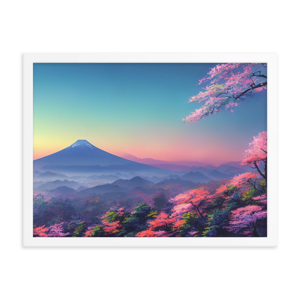 Berg und Wald mit pinken Bäumen - Landschaftsmalerei - Premium Poster mit Rahmen berge xxx 45.7 x 61 cm