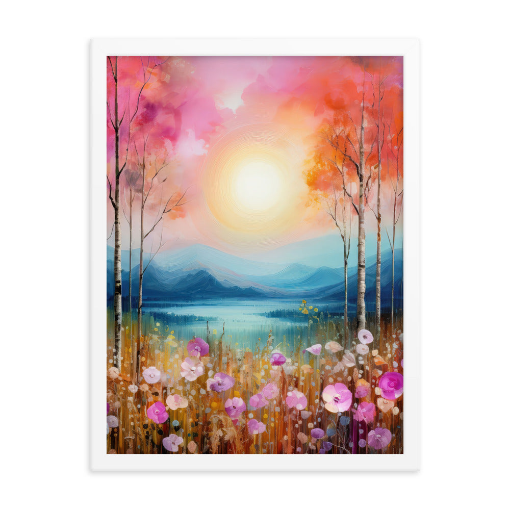 Berge, See, pinke Bäume und Blumen - Malerei - Premium Poster mit Rahmen berge xxx 45.7 x 61 cm