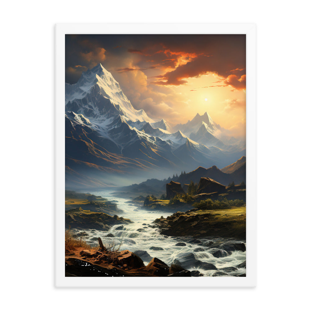 Berge, Sonne, steiniger Bach und Wolken - Epische Stimmung - Premium Poster mit Rahmen berge xxx 45.7 x 61 cm