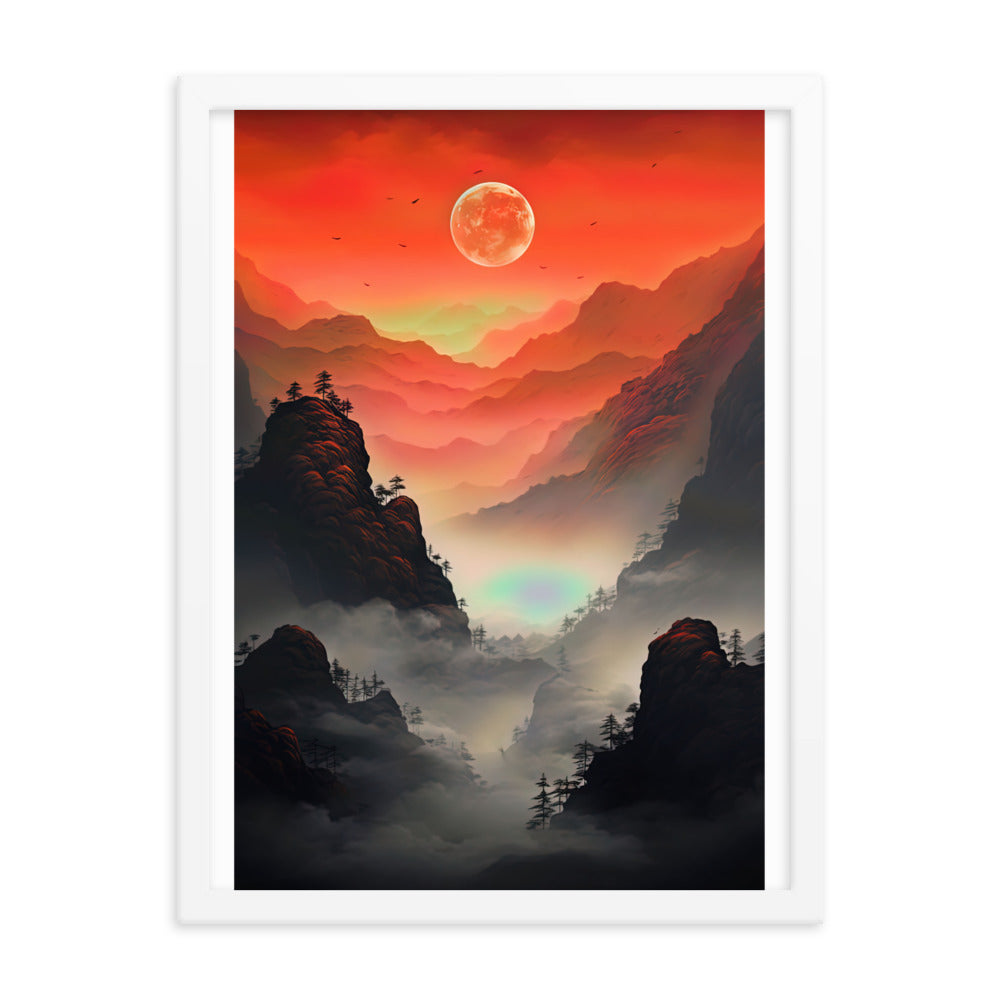 Gebirge, rote Farben und Nebel - Episches Kunstwerk - Premium Poster mit Rahmen berge xxx 45.7 x 61 cm