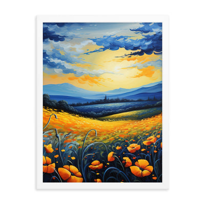 Berglandschaft mit schönen gelben Blumen - Landschaftsmalerei - Premium Poster mit Rahmen berge xxx 45.7 x 61 cm