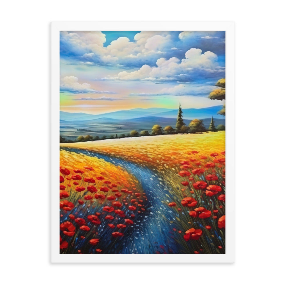Feld mit roten Blumen und Berglandschaft - Landschaftsmalerei - Premium Poster mit Rahmen berge xxx 45.7 x 61 cm