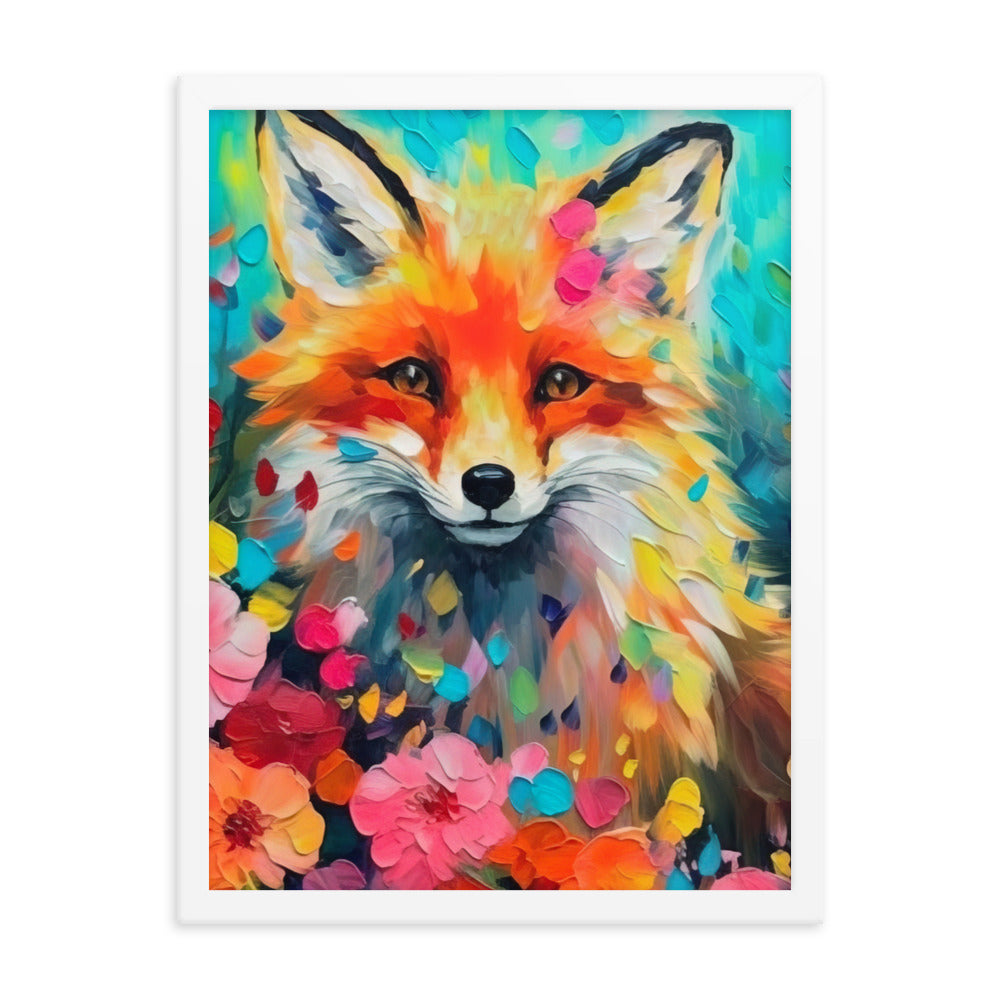 Schöner Fuchs im Blumenfeld - Farbige Malerei - Premium Poster mit Rahmen camping xxx 45.7 x 61 cm