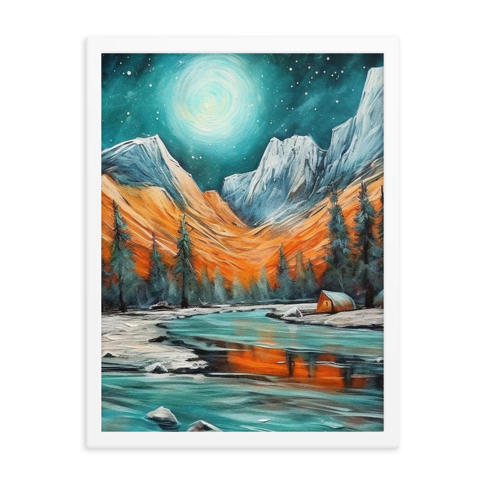 Berglandschaft und Zelte - Nachtstimmung - Landschaftsmalerei - Premium Poster mit Rahmen camping xxx 45.7 x 61 cm