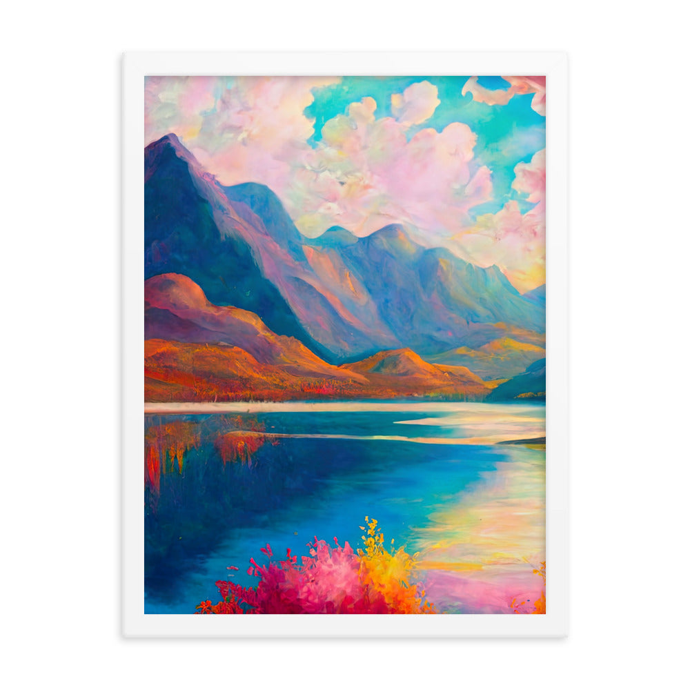 Berglandschaft und Bergsee - Farbige Ölmalerei - Premium Poster mit Rahmen berge xxx 45.7 x 61 cm
