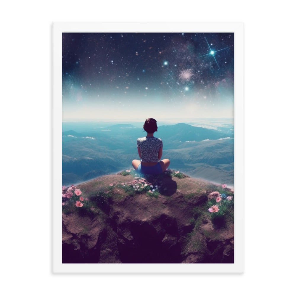 Frau sitzt auf Berg – Cosmos und Sterne im Hintergrund - Landschaftsmalerei - Premium Poster mit Rahmen berge xxx 45.7 x 61 cm