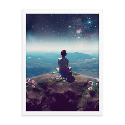 Frau sitzt auf Berg – Cosmos und Sterne im Hintergrund - Landschaftsmalerei - Premium Poster mit Rahmen berge xxx 45.7 x 61 cm