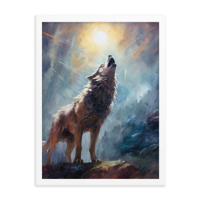 Heulender Wolf auf Berggipfel und Mond im Hintergrund – Abstrakte Malerei - Premium Poster mit Rahmen camping xxx 45.7 x 61 cm