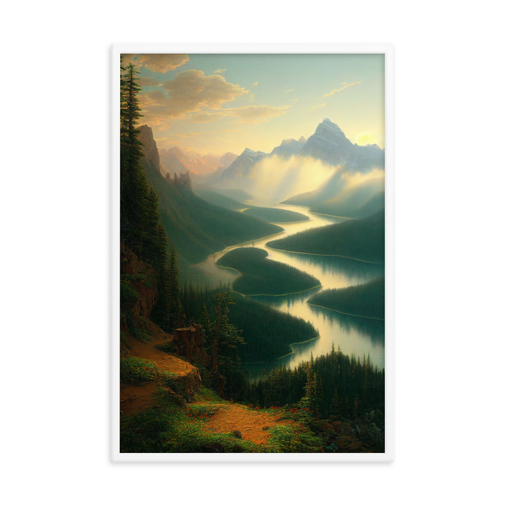 Landschaft mit Bergen, See und viel grüne Natur - Malerei - Premium Poster mit Rahmen berge xxx 61 x 91.4 cm