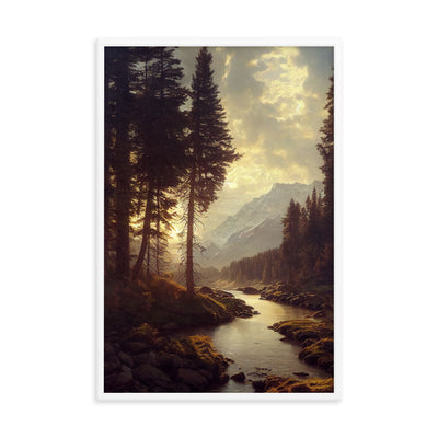 Landschaft mit Bergen, Fluss und Bäumen - Malerei - Premium Poster mit Rahmen berge xxx 61 x 91.4 cm