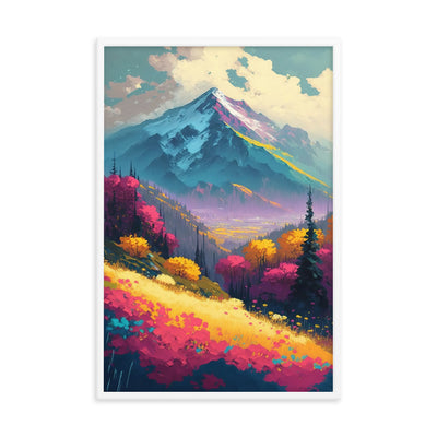 Berge, pinke und gelbe Bäume, sowie Blumen - Farbige Malerei - Premium Poster mit Rahmen berge xxx 61 x 91.4 cm