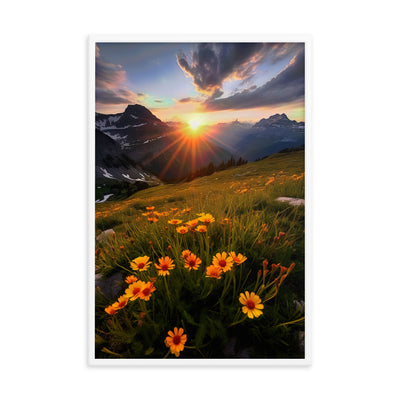 Gebirge, Sonnenblumen und Sonnenaufgang - Premium Poster mit Rahmen berge xxx 61 x 91.4 cm