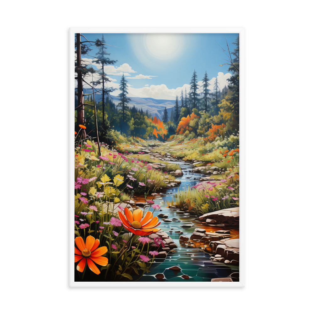 Berge, schöne Blumen und Bach im Wald - Premium Poster mit Rahmen berge xxx 61 x 91.4 cm